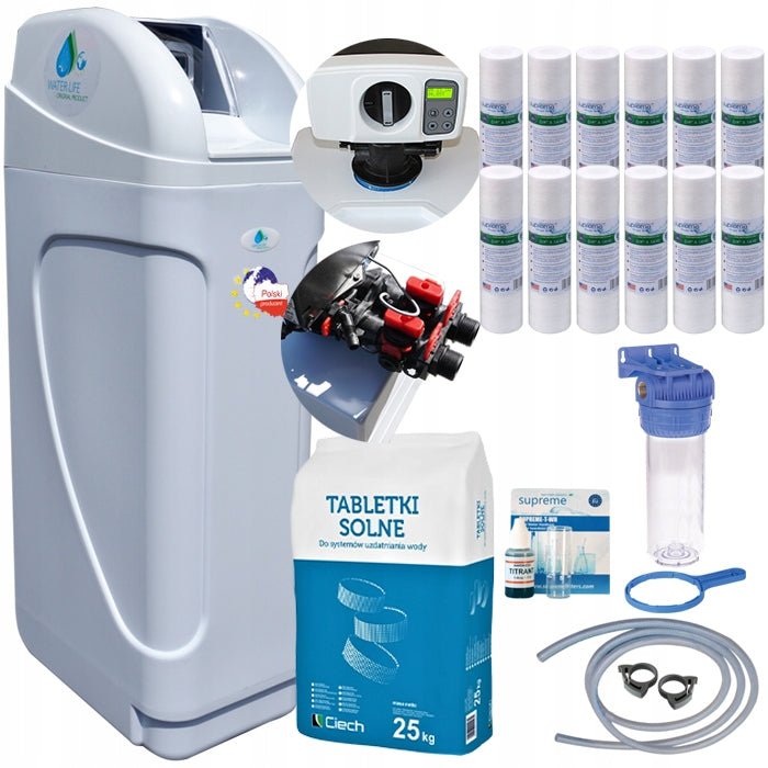 25L water softener, salt, test, body, cartridges, PL menu, by-pass, mixing. Packaging status original