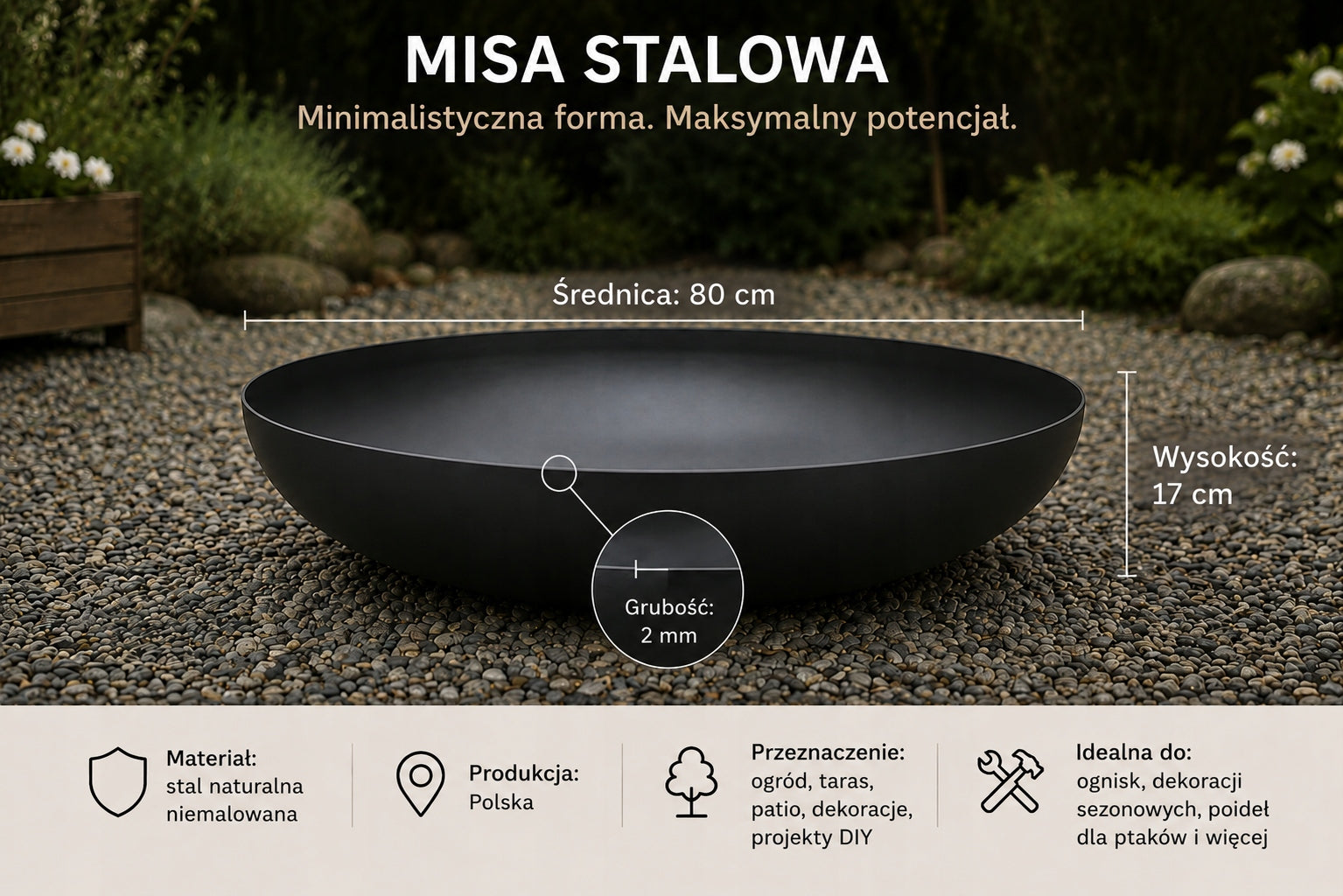 Sodo židinys / dubuo, 80 cm, plienas