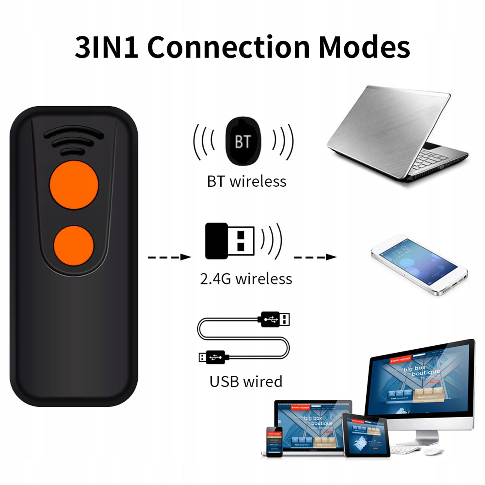 2D 1D QR Barcode Scanner 3 in 1 BT and 2,4GHz Wireless and 1M Printing technology other
