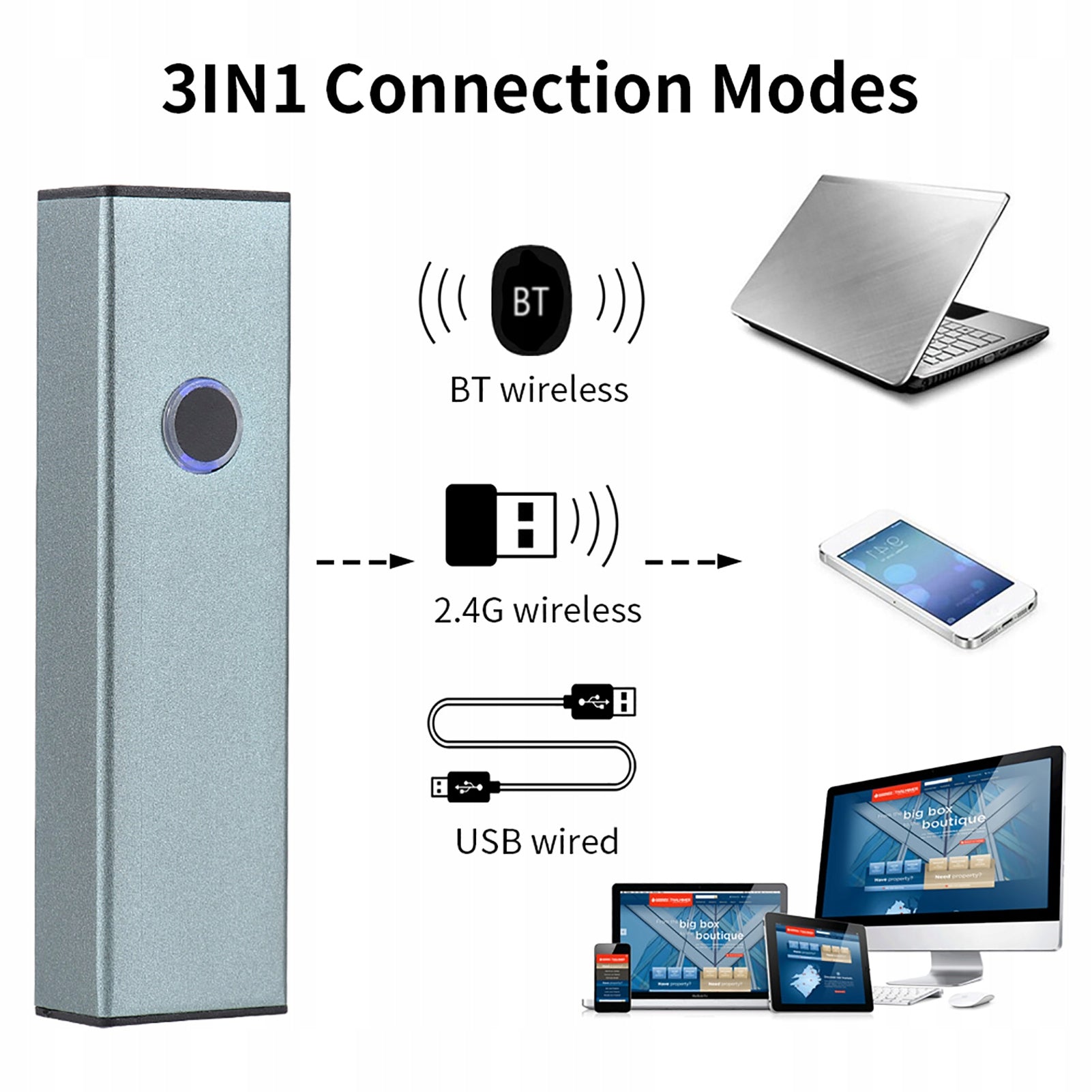 2D 1D QR Barcode Scanner 3 in 1 BT and 2,4GHz Wireless and V8 Printing technology other