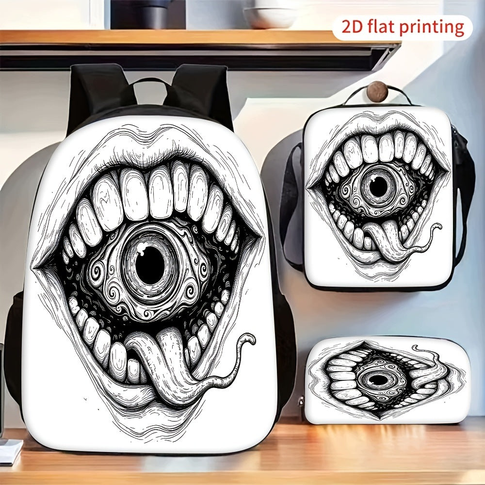 2D Creepy Mouth & Eye Pattern Backpack Set with Crossbody Bag & Pencil Case