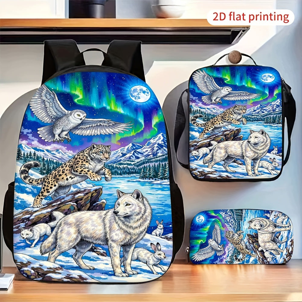 2D Flat Aurora Snowy Owl Snow Leopard Arctic Wolf Print Backpack Set