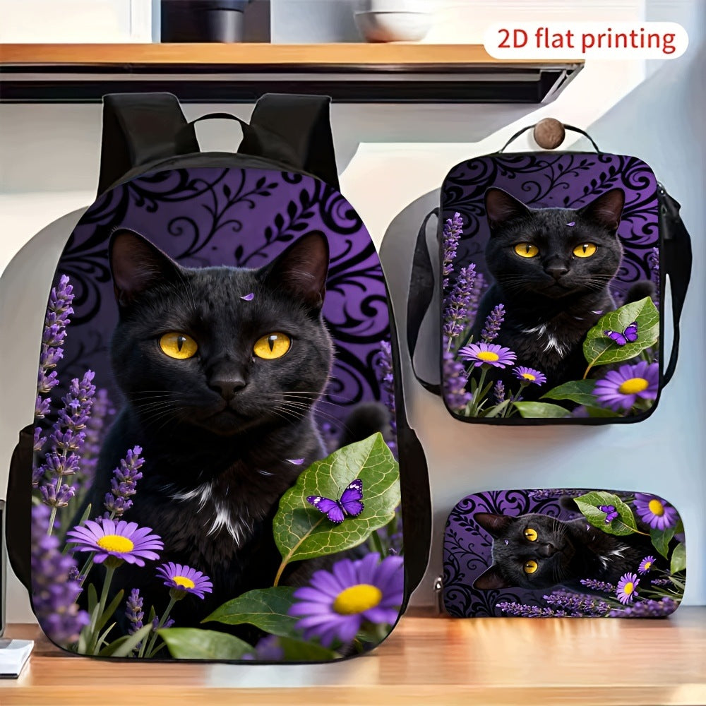 2D Flat Black Cat Purple Daisy Backpack Set with Pouch Bag