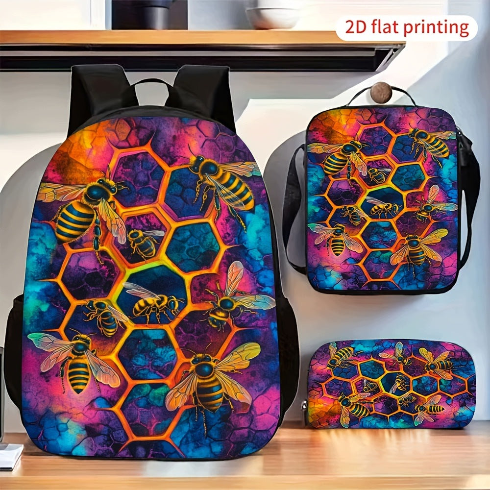 2D Flat Colorful Bee Honeycomb Pattern Backpack Set with Shoulder Bag