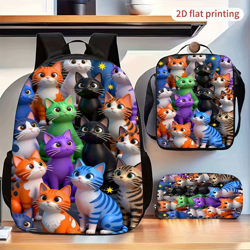 2D Flat Colorful Cute Cartoon Cats Pattern Backpack Set with Small Bag