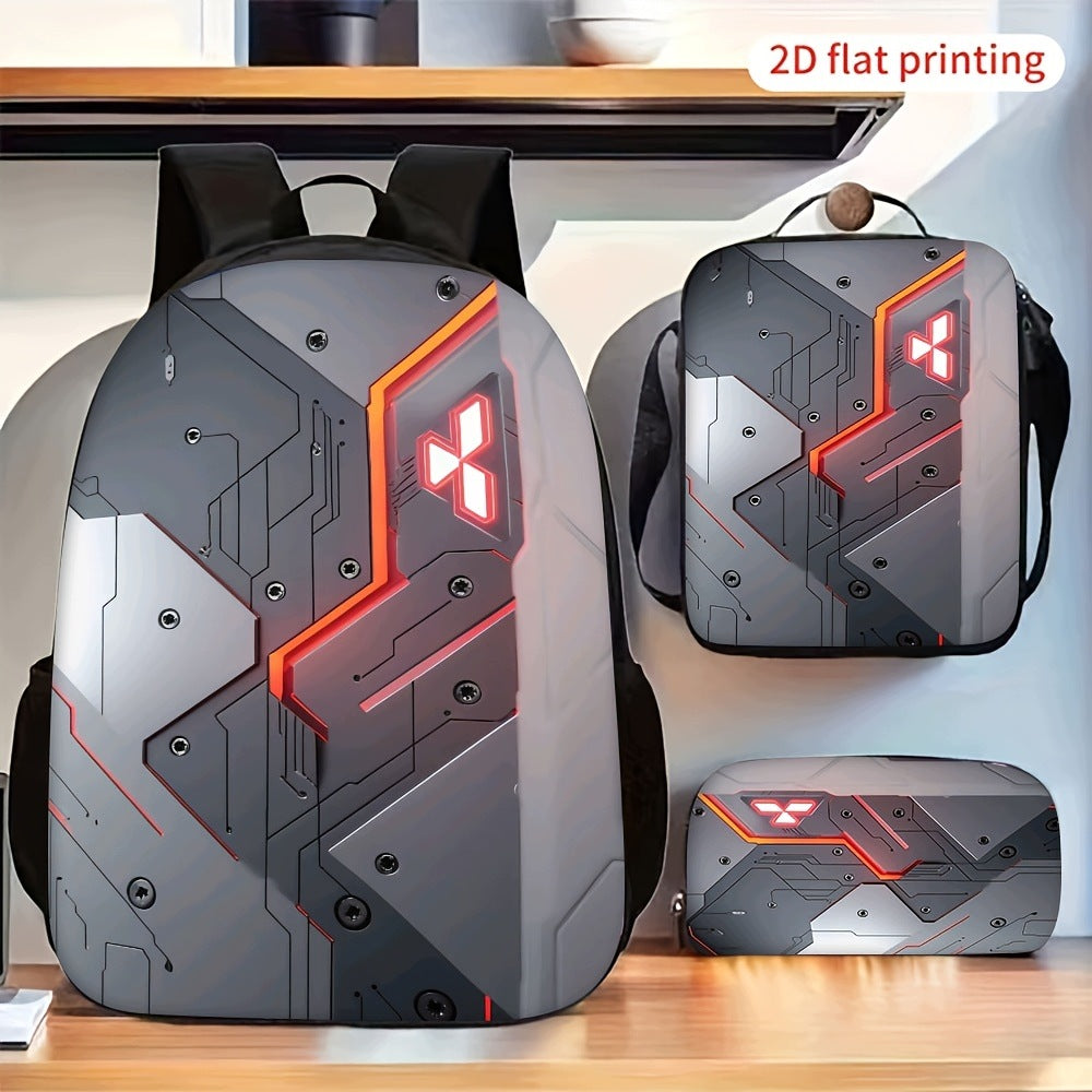 2D Flat Cool Mechanical X Circuit Pattern Backpack Set with Crossbody Bag