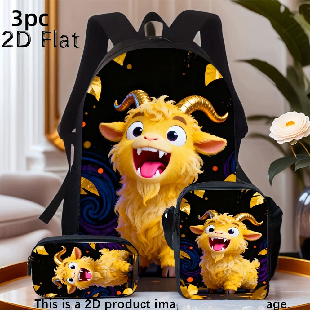 2D Flat Cute Golden Goat Pattern Backpack Crossbody Bag Pencil Case