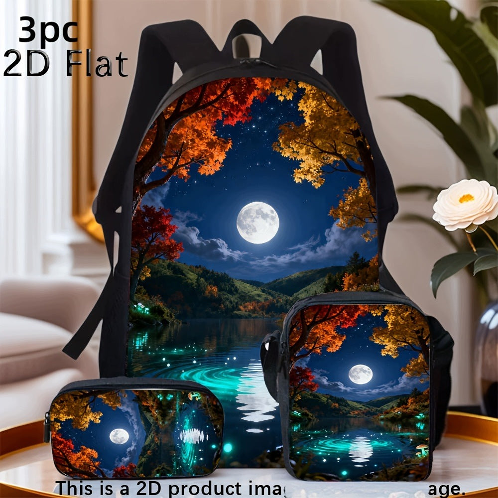 2D Flat Full Moon Night Lake Autumn Scenery Print Backpack Set