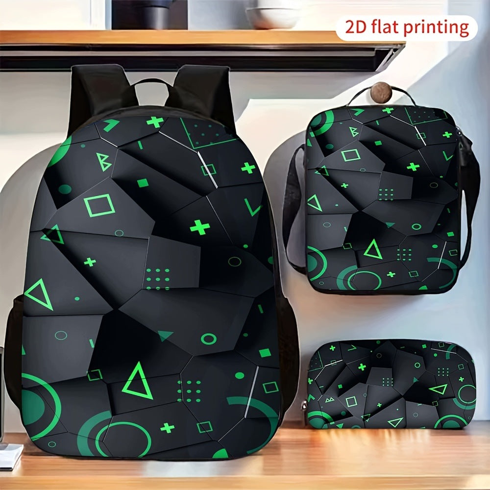 2D Flat Green Geometric Pattern Backpack Set with Crossbody Bag and Pouch