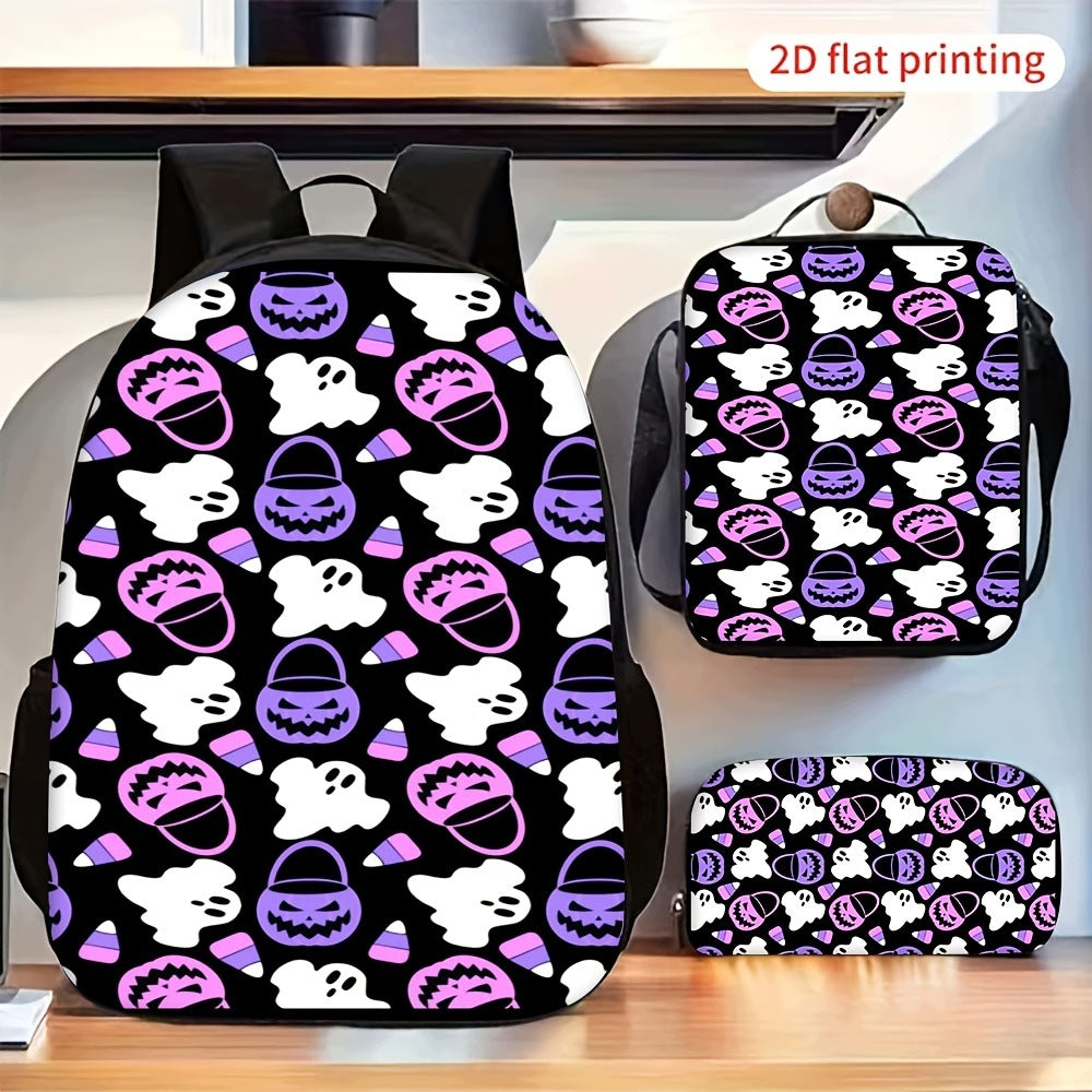 2D Flat Halloween Purple Pumpkin White Ghost Pattern Backpack Set