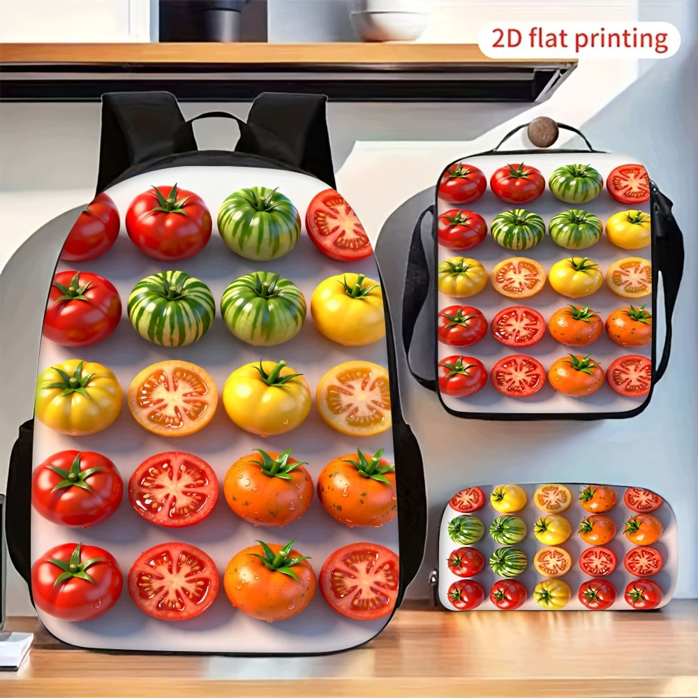 2D Flat Multi-Style Tomato Pattern 3-Piece Backpack Set