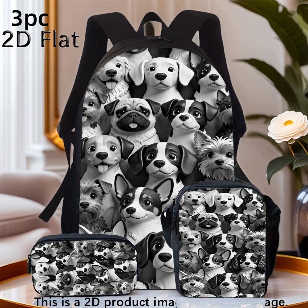2D Flat Multiple Cute Dog Print 3-Piece Backpack Set with Small Pouches