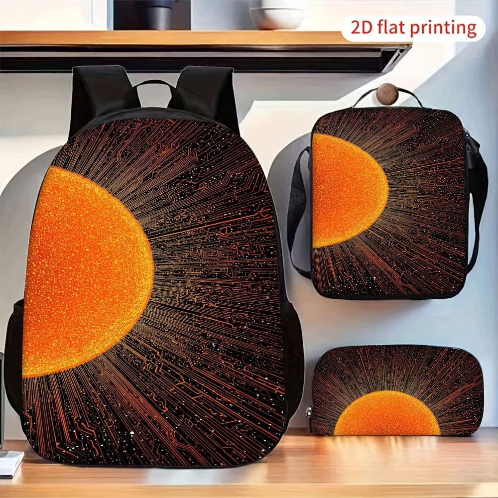2D Flat Orange Half Sun Burst Pattern Backpack Set with Crossbody Bag and Pencil Pouch