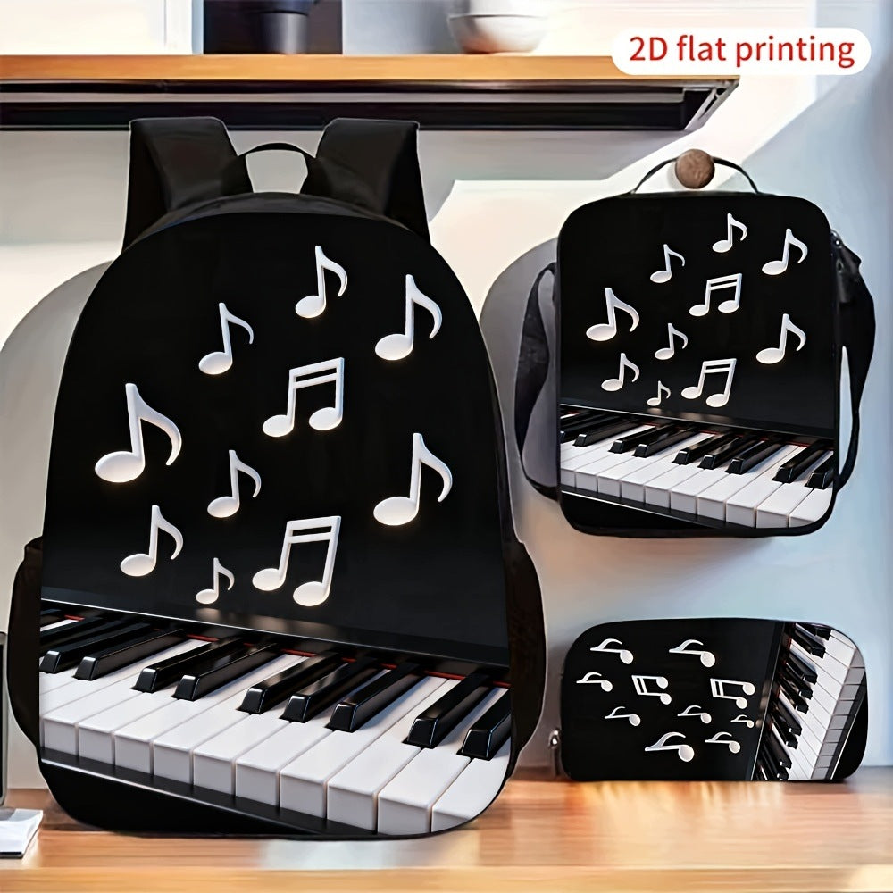 2D Flat Piano Keys Musical Notes Pattern Backpack Set with Pencil Case