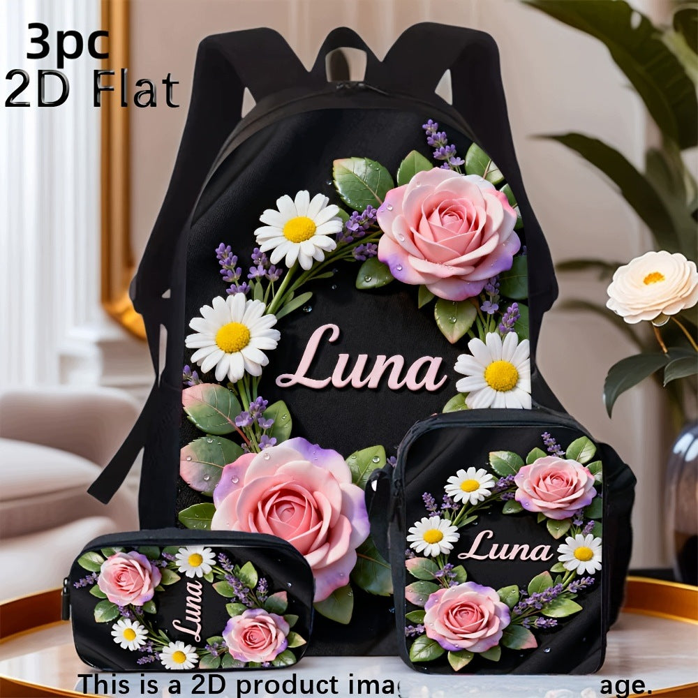 2D Flat Pink Rose Daisy Flower Print Backpack Set Purse