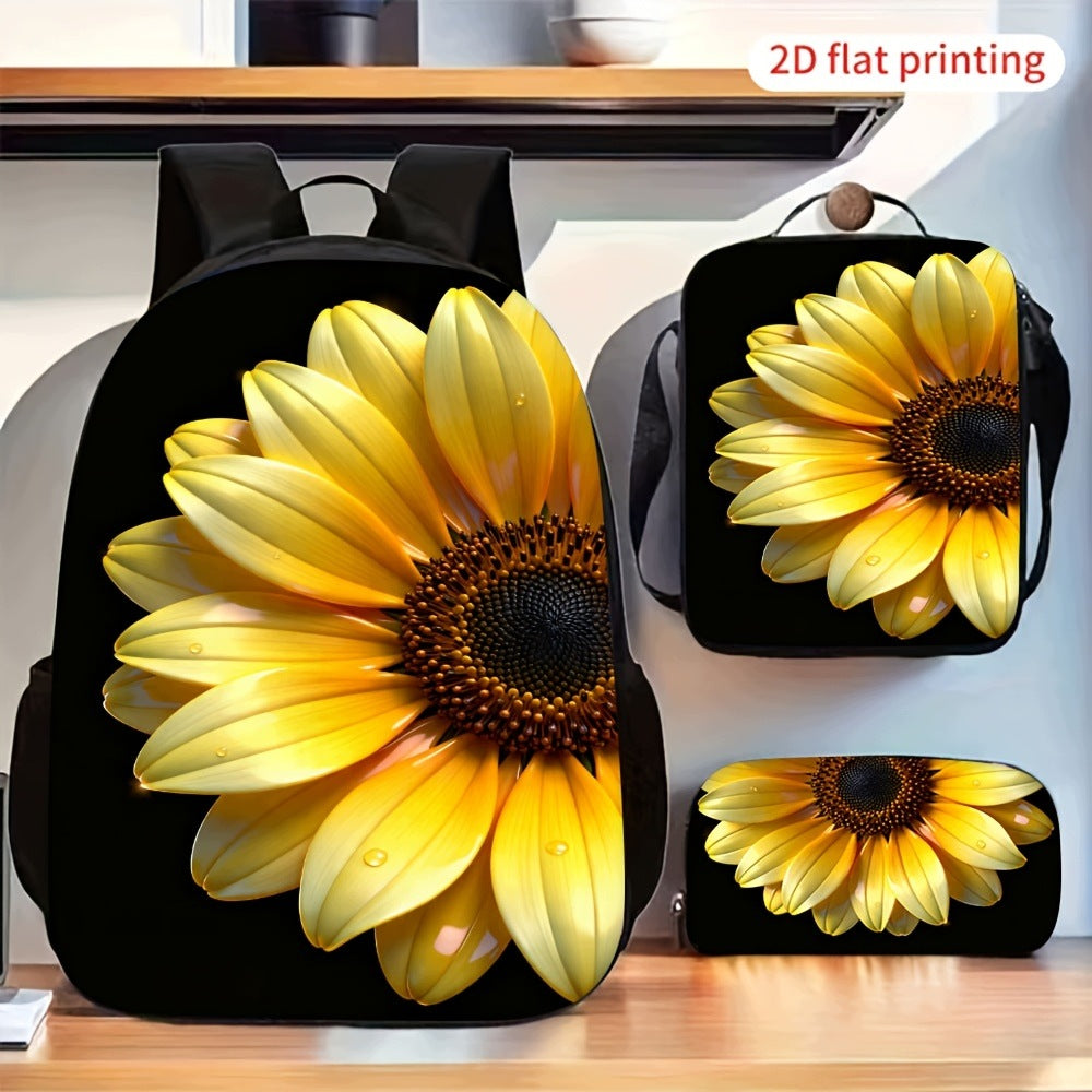 2D Flat Printed Yellow Sunflower Pattern Backpack Bag Set