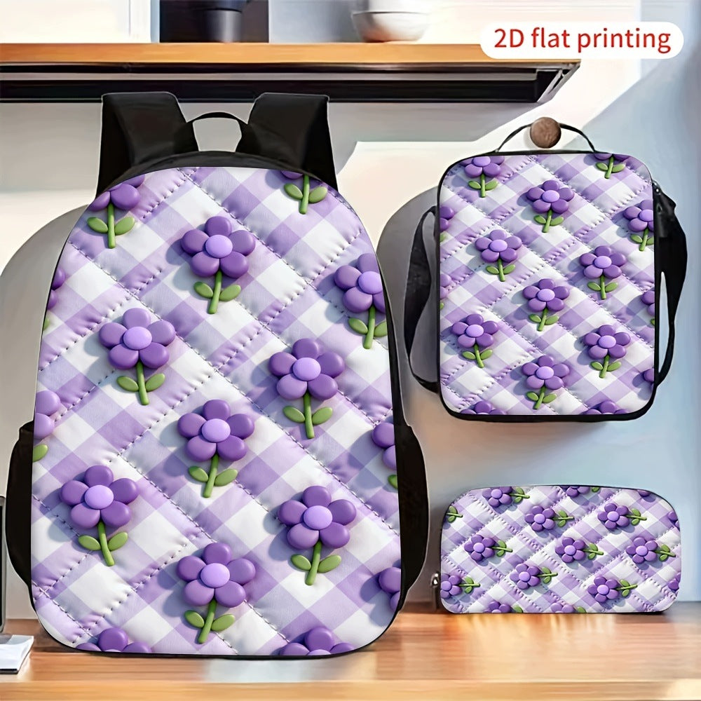 2D Flat Purple Plaid Purple Flower Pattern Backpack Set with Pouch