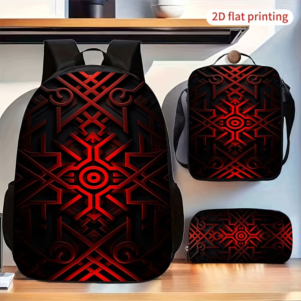 2D Flat Red Black Ethnic Pattern 3-Piece Backpack Set with Shoulder Bag