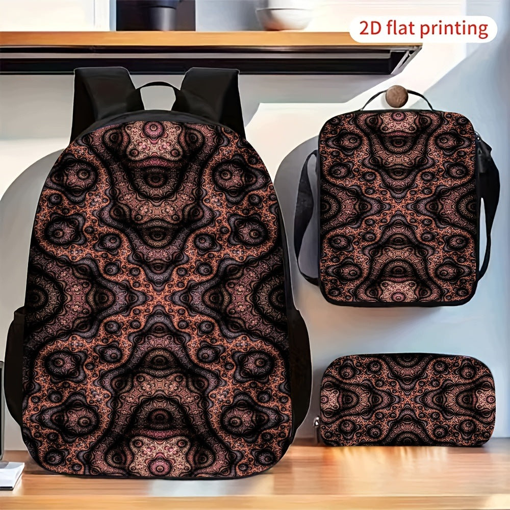 2D Flat Retro Abstract Print Backpack Set with Crossbody Pouch