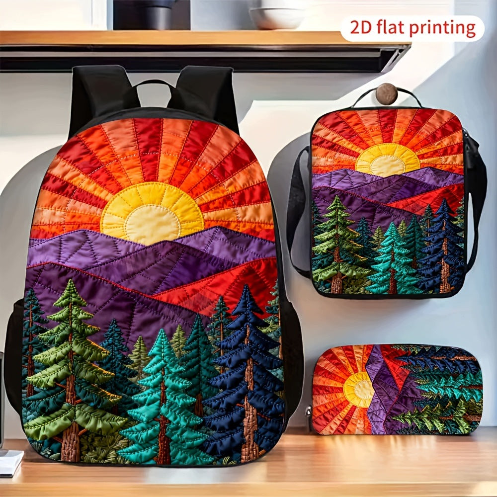 2D Flat Sunset Mountain Landscape Backpack Set with Crossbody Pouch