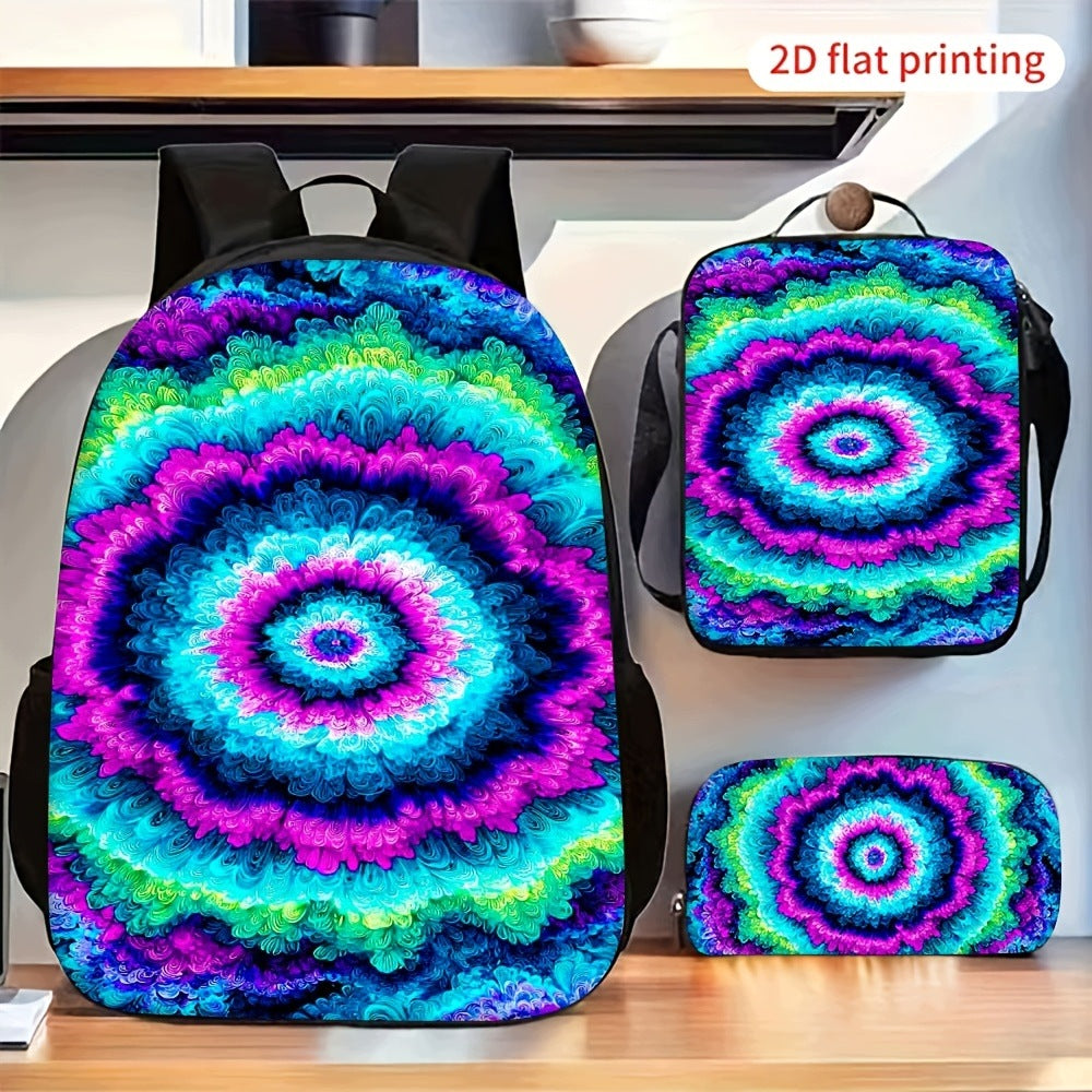 2D Flat Vibrant Colorful Concentric Spiral Tie-Dye Pattern Bag Set