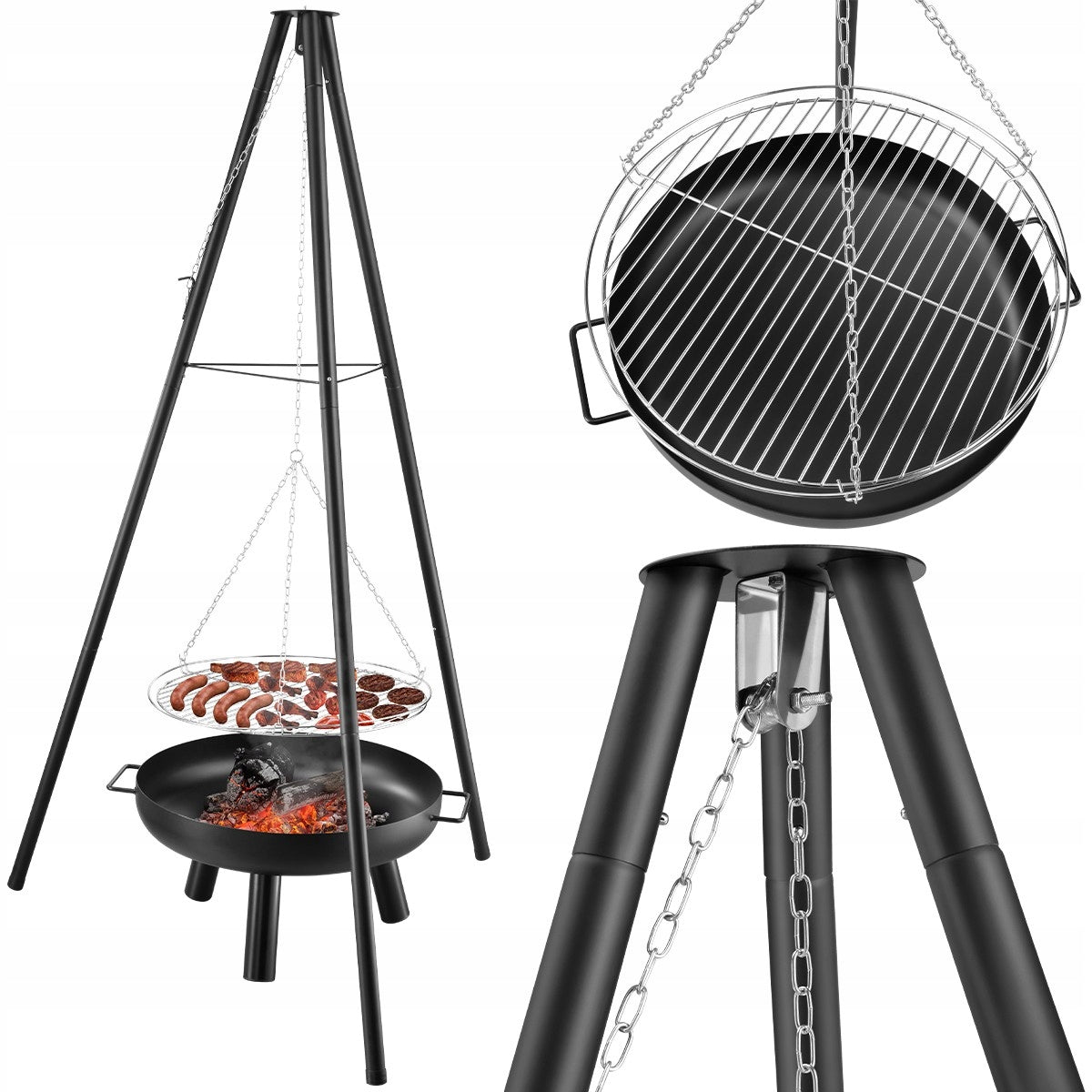 2IN1 STEEL CHARCOAL GRILL GARDEN HANGING TRIPOD FIRE PIT
