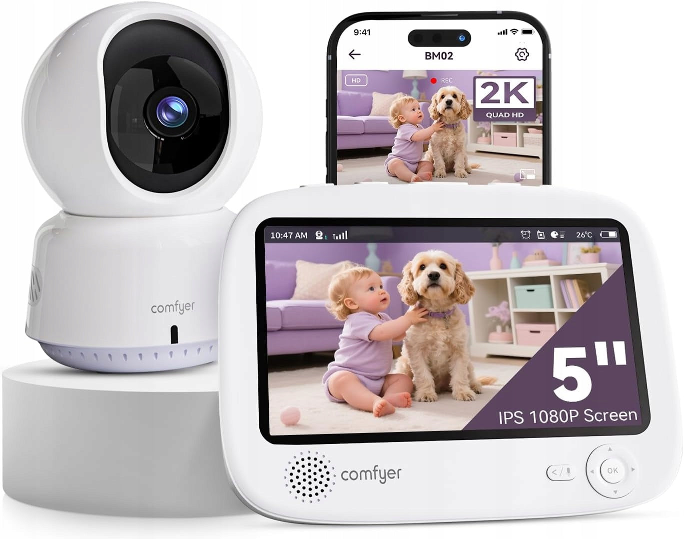 2K BABY MONITOR WITH CAMERA, 5" SCREEN, WI-FI, TRACKING AND AUDIO