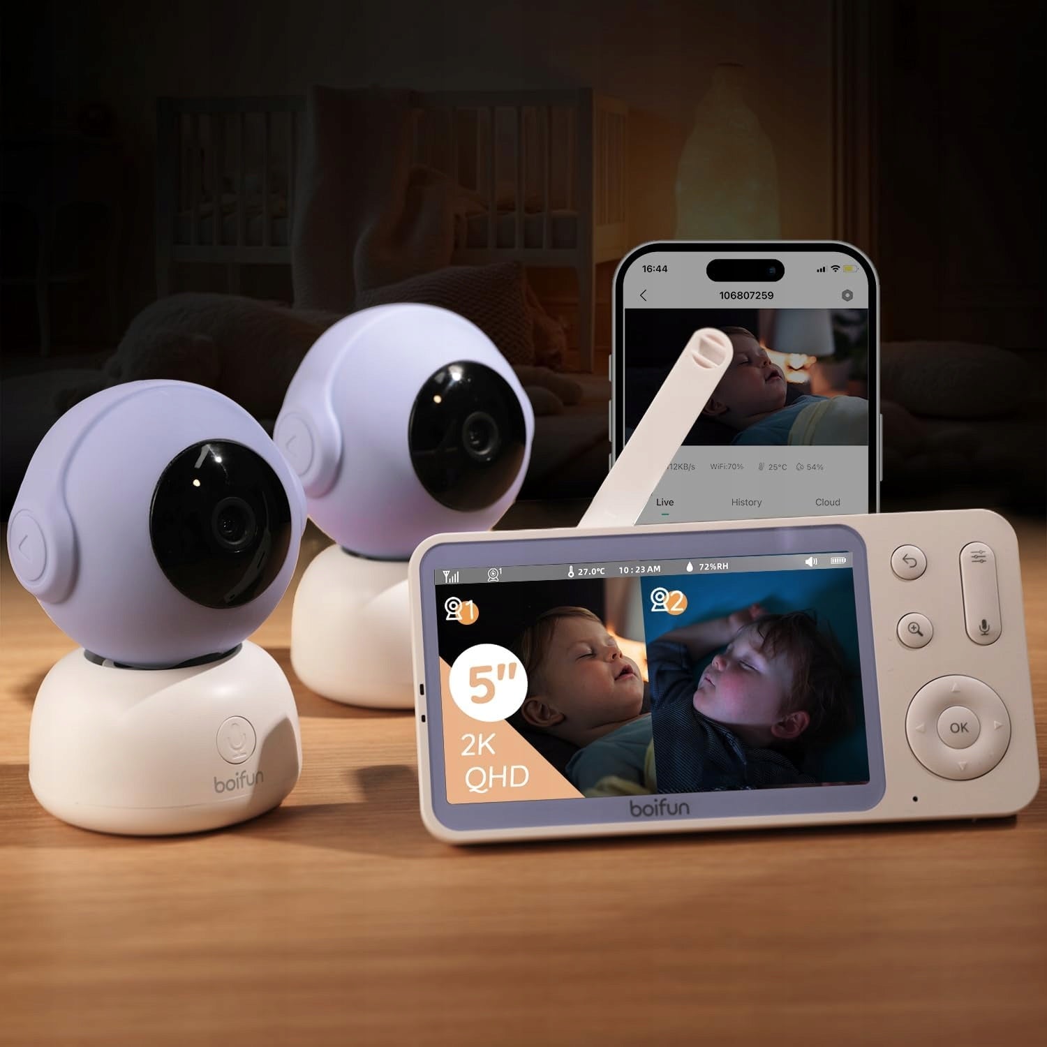 2K Baby Monitor with 2 Cameras and PTZ App Control Packaging status original