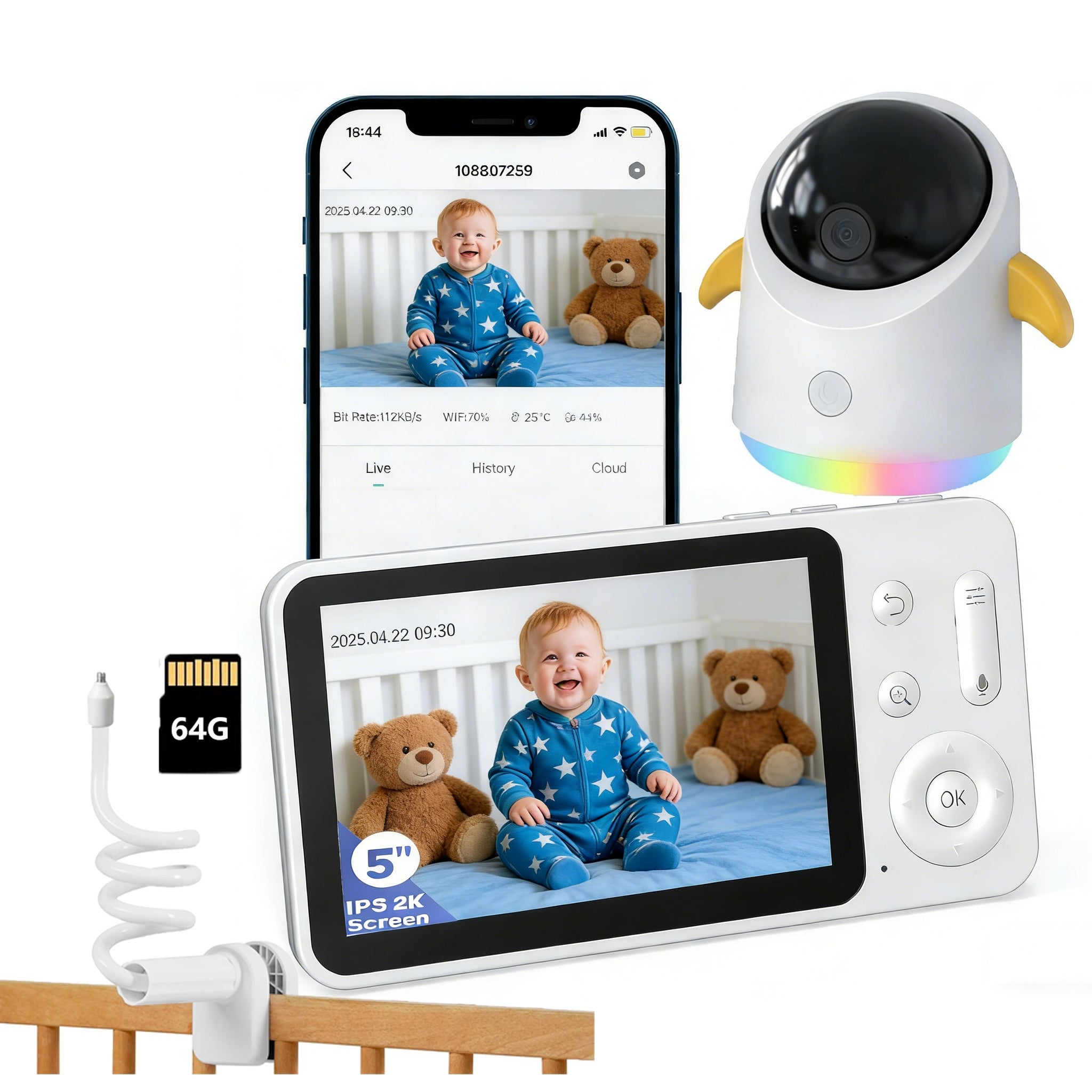 2K NANNY HOME WIFI CAMERA ROTATING RGB NIGHT LIGHT WITH 64GB MEMORY CARD
