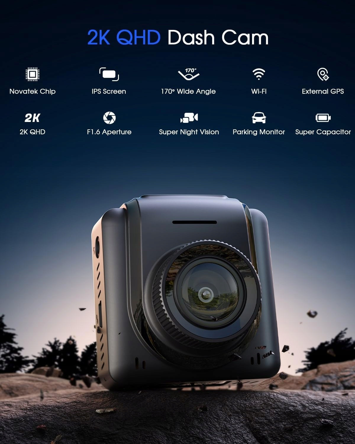 2K WiFi Car Camera With GPS, IPS, 170° Wide Angle, WDR, Night Vision Manufacturer code Kamera Samochodowa 2K