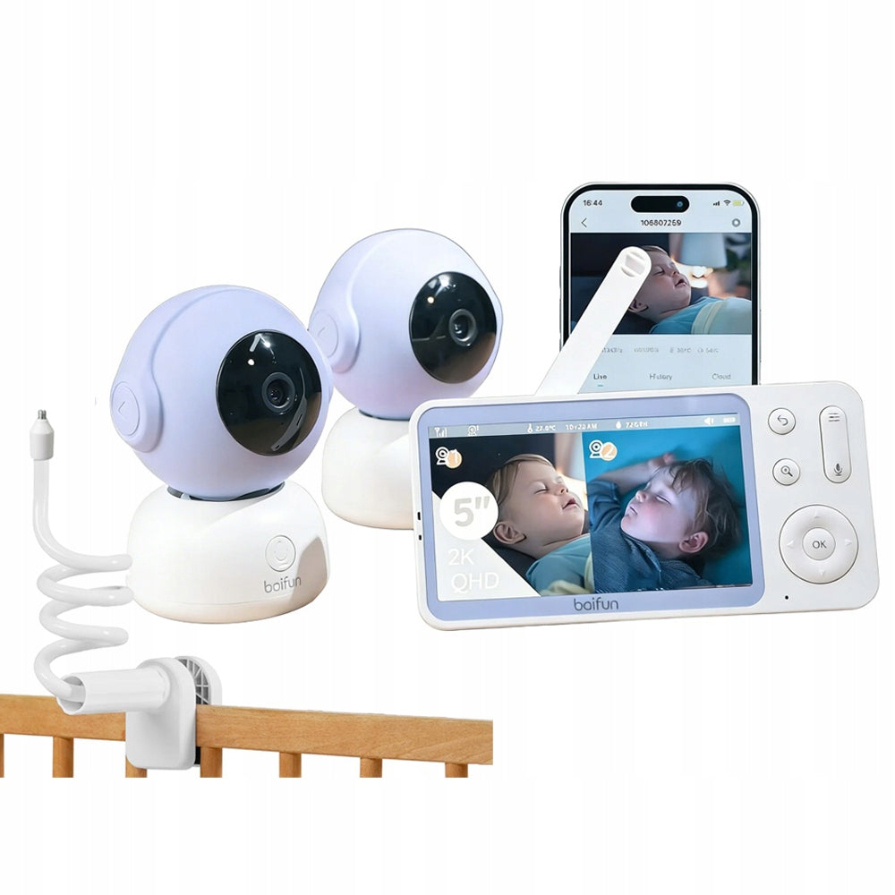 2K video nanny with 2 cameras, 5" screen and app control