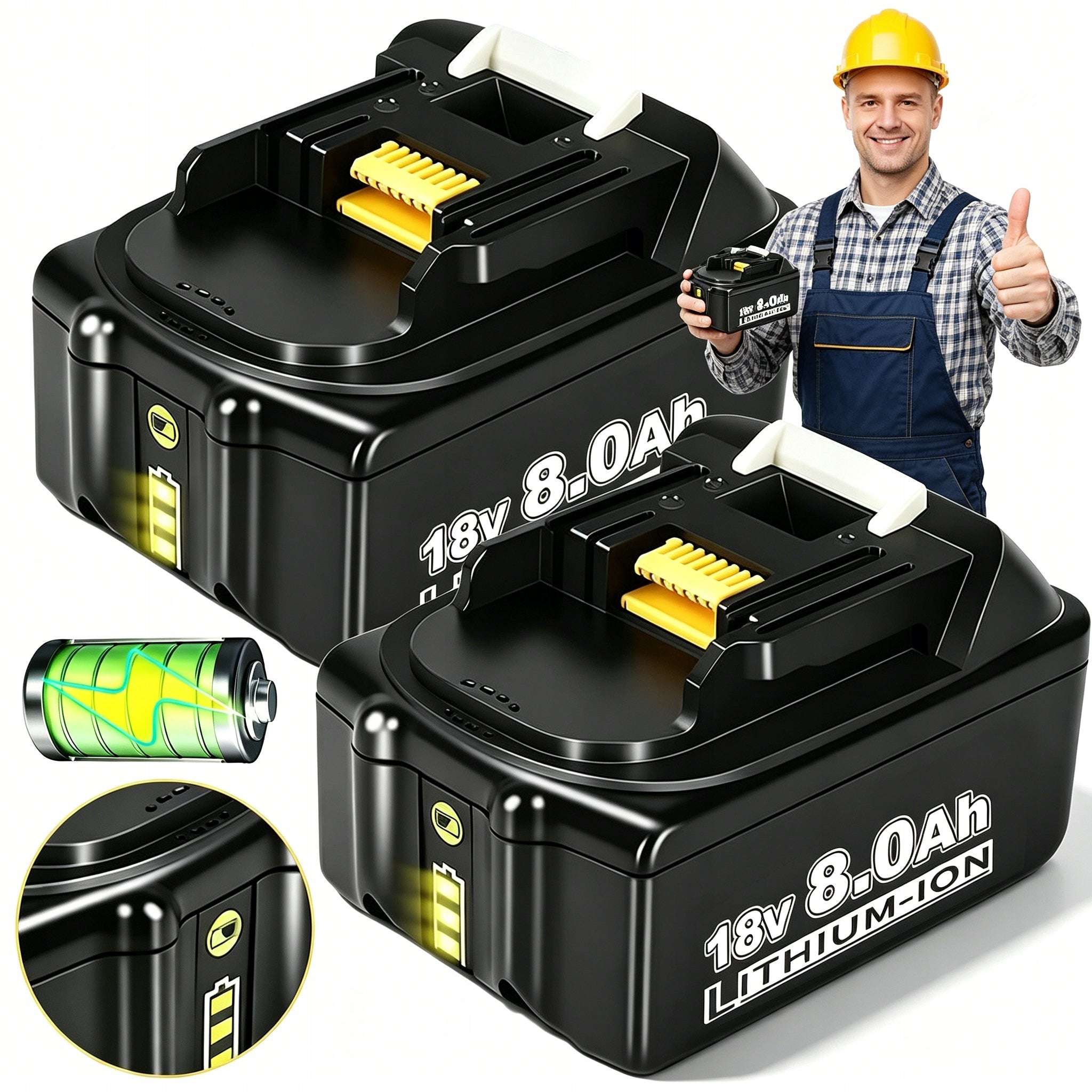 2PCS BATTERY FOR MAKITA TOOL 8.0AH 18V BL1860B BL1855 WITH LED INDICATORS