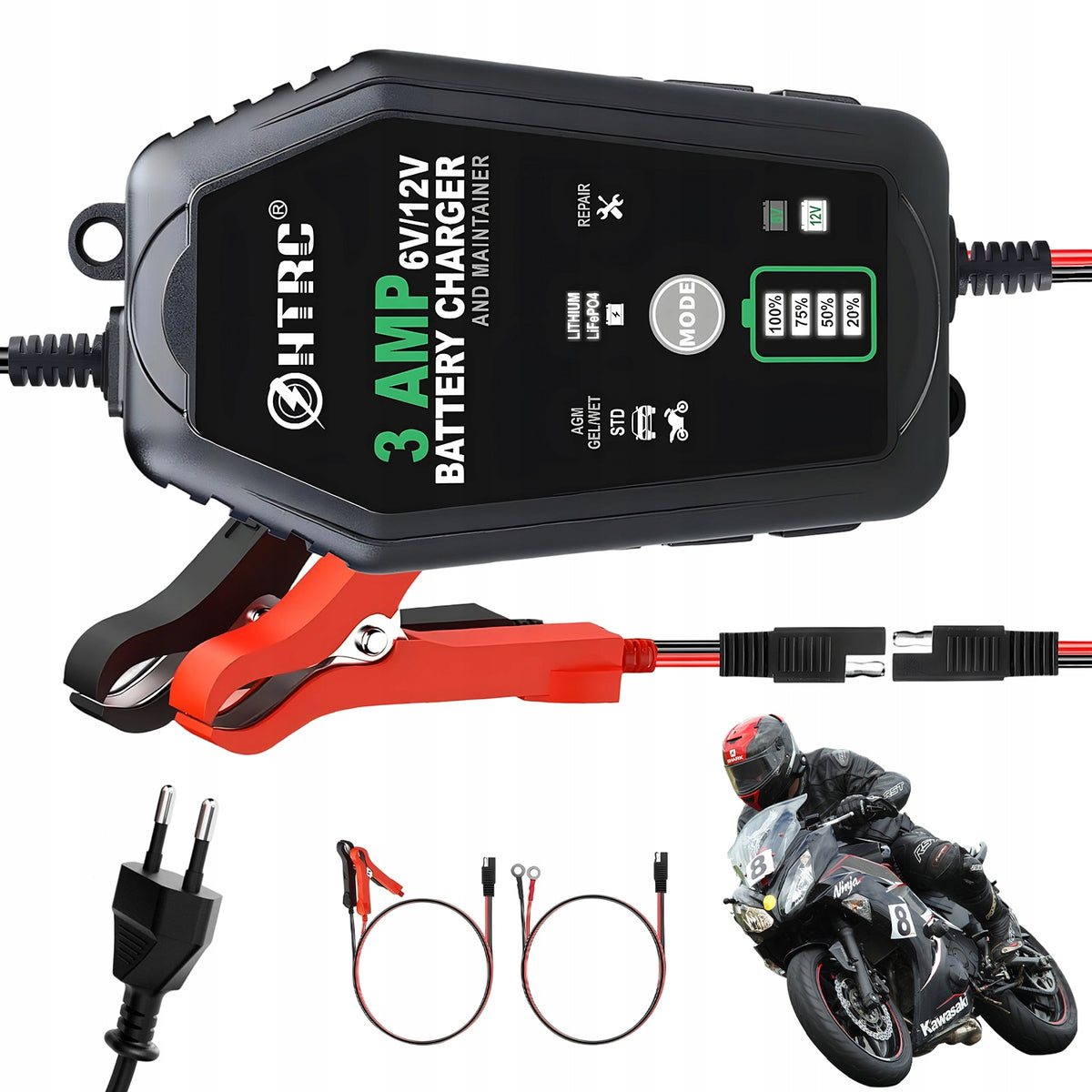 2X 6V 12V BATTERY CHARGER SMART 3A FOR CAR AND MOTORCYCLE