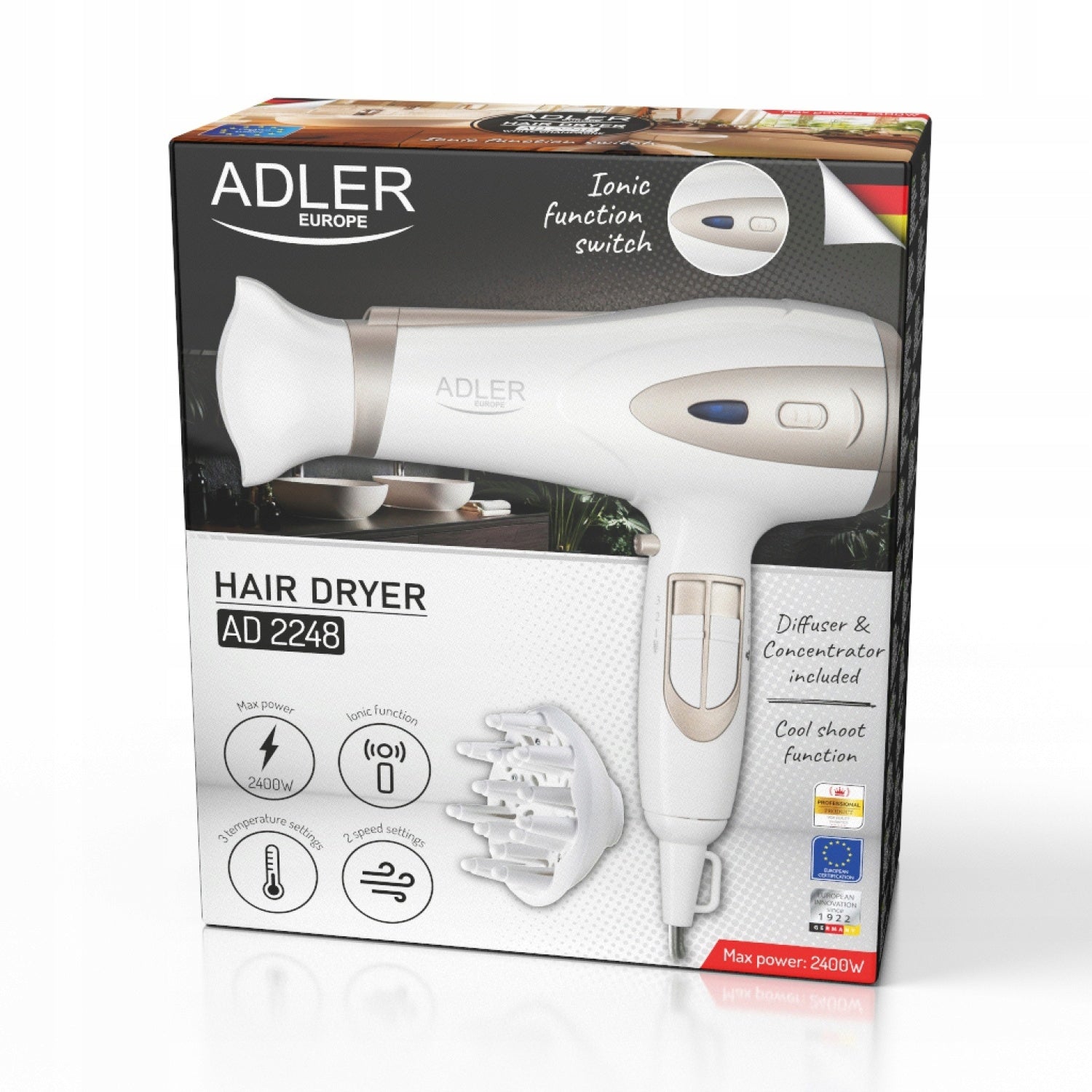 2X ADLER AD2248 white champagne | dryer | 2200W * ION * diffuser * WHITE Brand ADLER