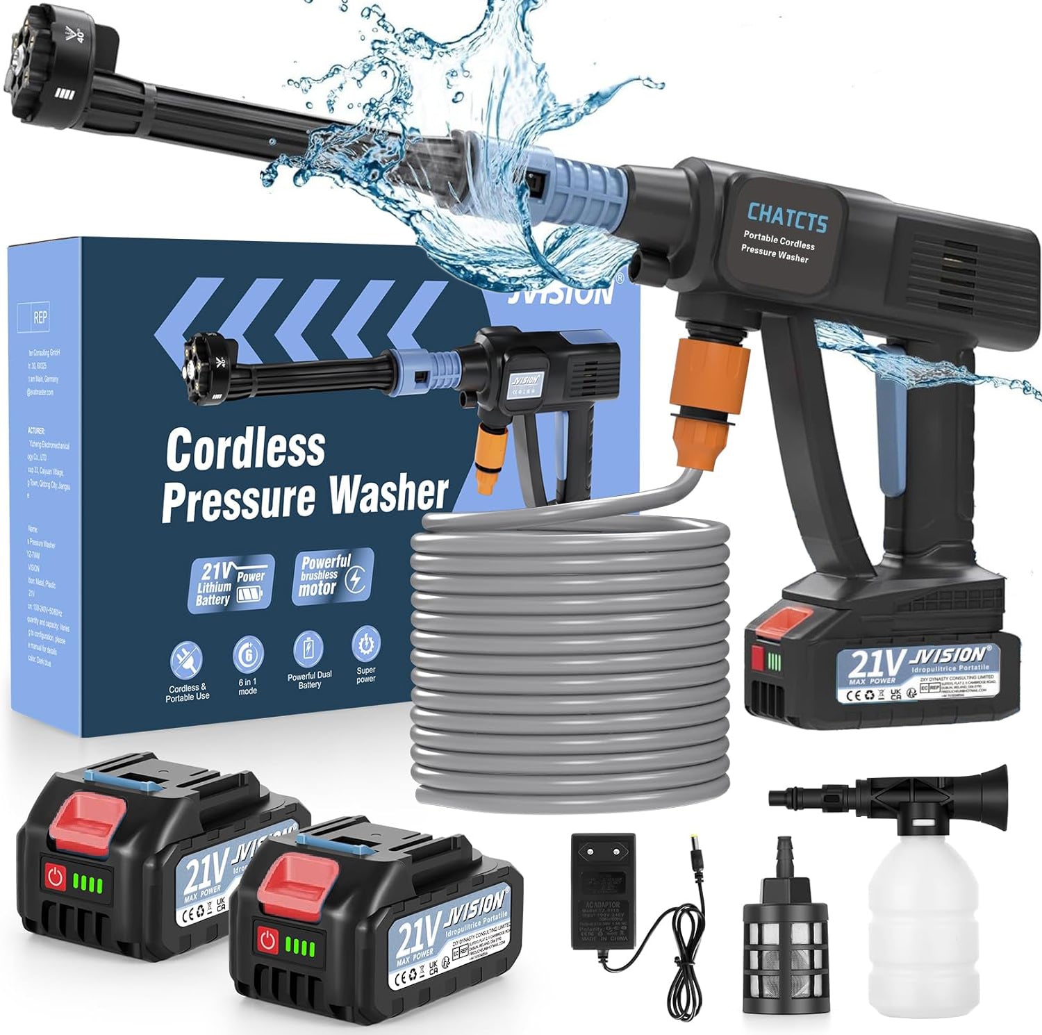 2X AKU 21V 4AH 65 BAR CORDLESS PRESSURE WASHER WITH 6IN1 NOZZLE + 5M HOSE
