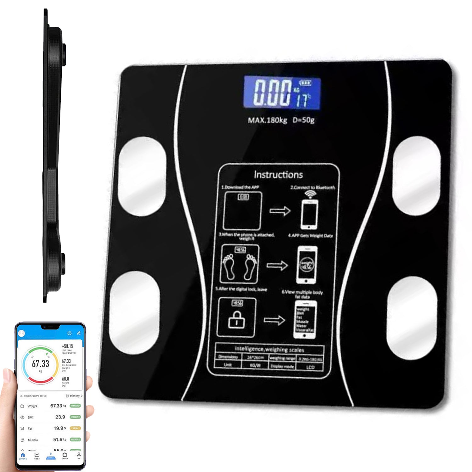 2X Bathroom Scale SMART ANALYTICAL 180kg LCD BlueTooth SMART FIT