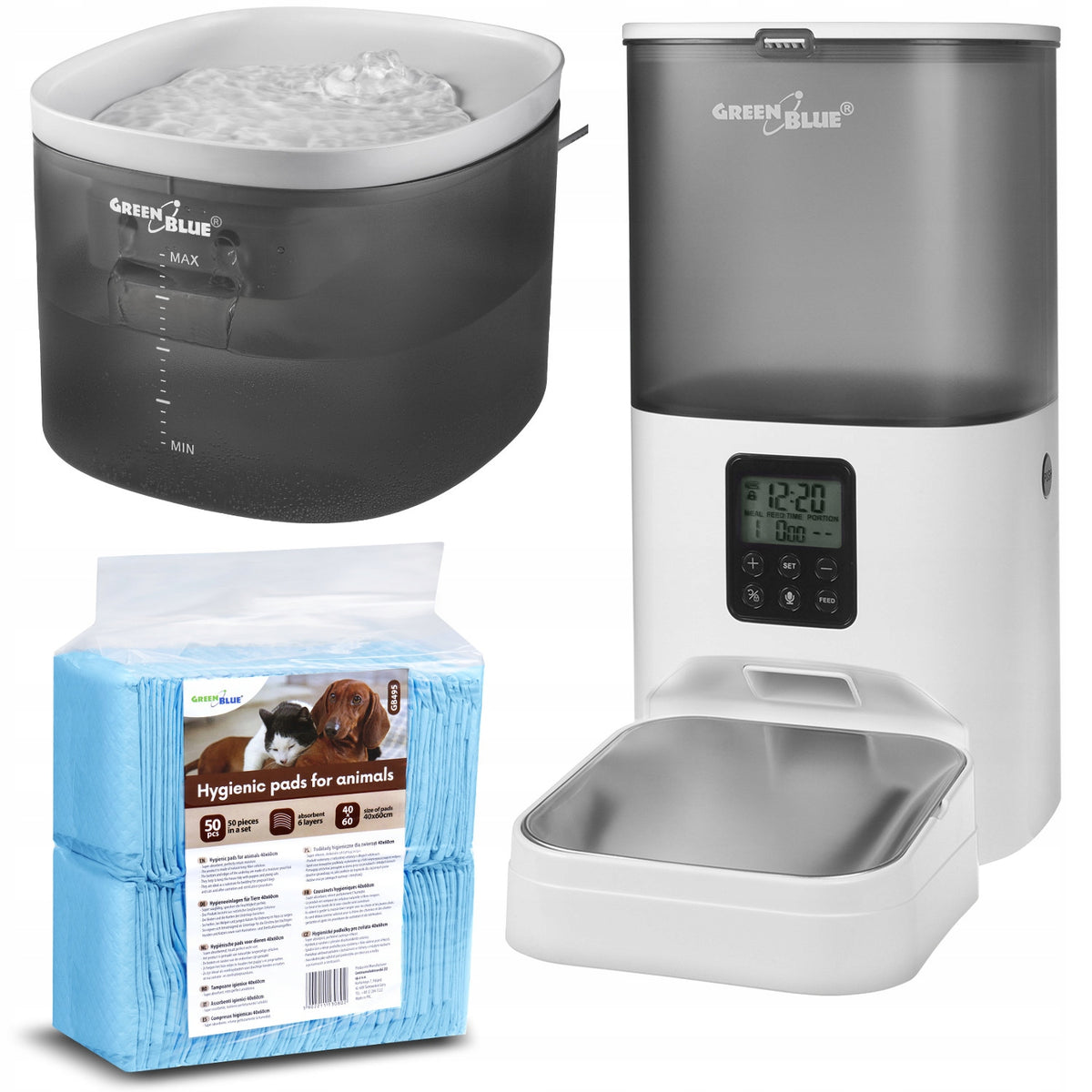 2X Drinker Set, Food Dispenser, Dog Cat Hygiene Mats Automation