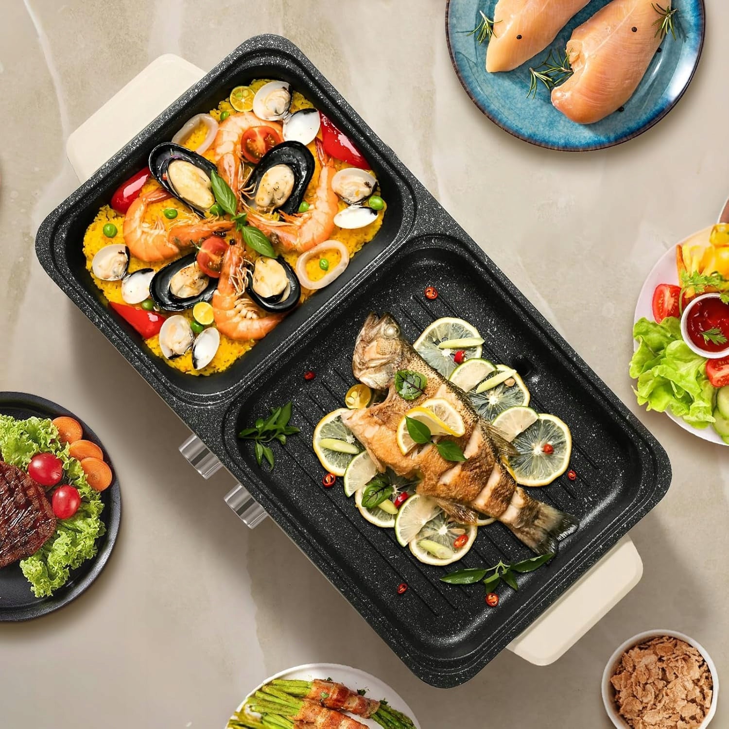2X ELECTRIC HOT POT TABLE GRILL 2IN1 BBQ SMOKE FREE 1500W