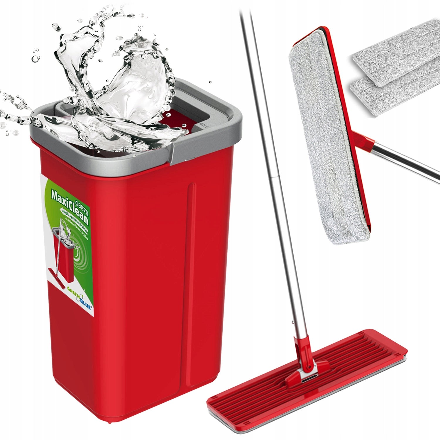 2X FLAT MOP SET BUCKET SQUEEZER 2 CARTRIDGES GREENBLUE MAXICLEAN GB870