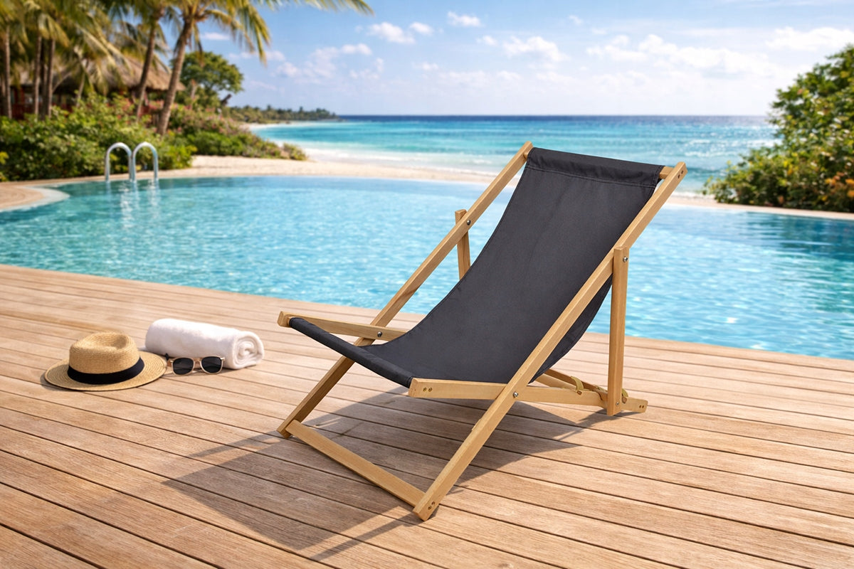 2X GARDEN BEACH CHAIR WOODEN FOLDING WOODOK DARK GRAY FABRIC Kind sunbed