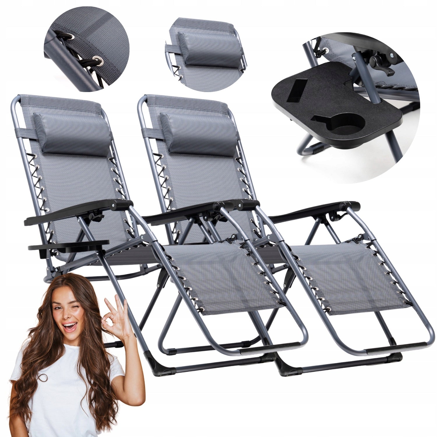 2X GARDEN LOUNGER FOLDING TERRACE CHAIR GRAVITY CUSHION DRINK HOLDER