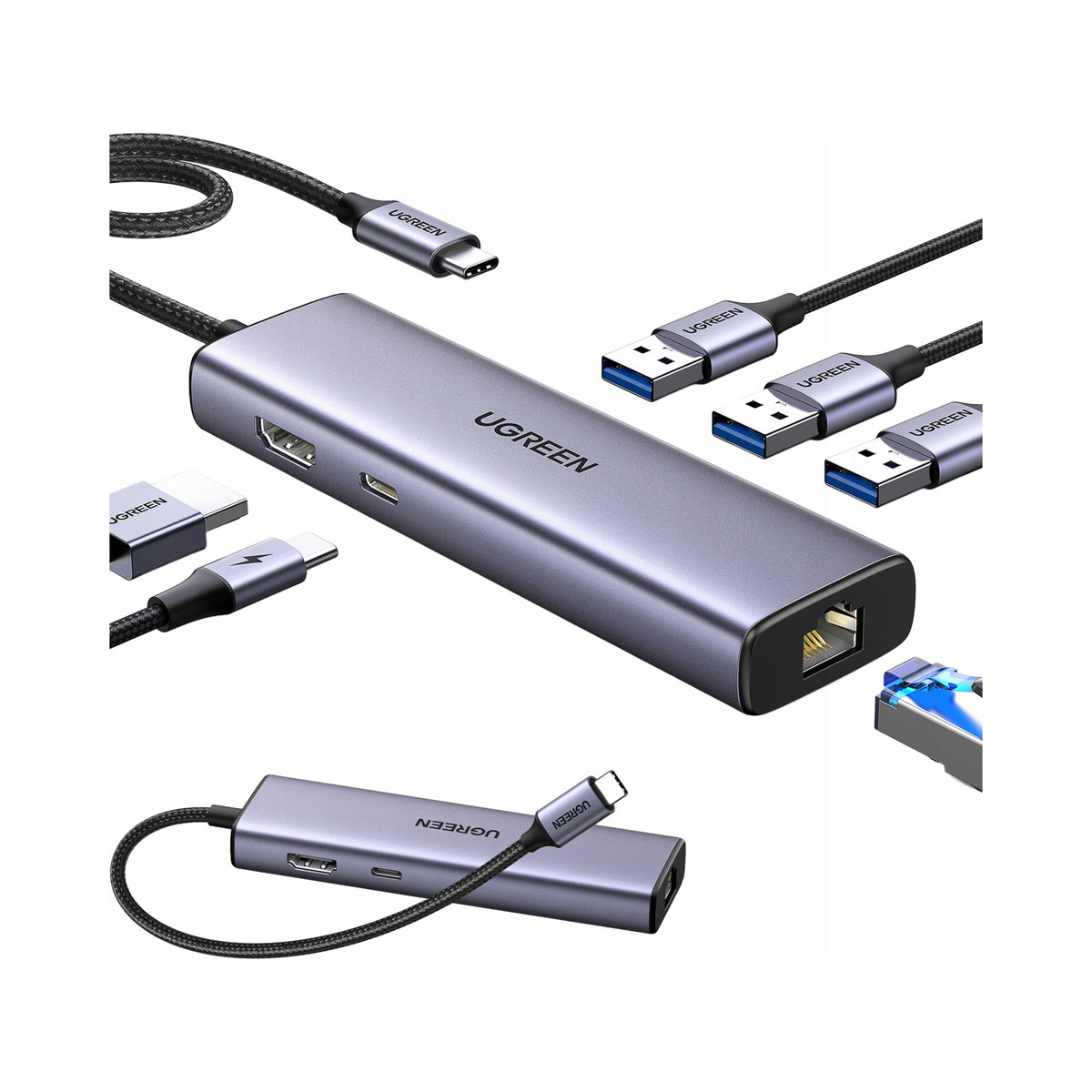 2X HUB UGREEN 6in1 USB-C 3x USB-A 3.0 HDMI RJ45 USB-C PD FOR LAPTOP PC