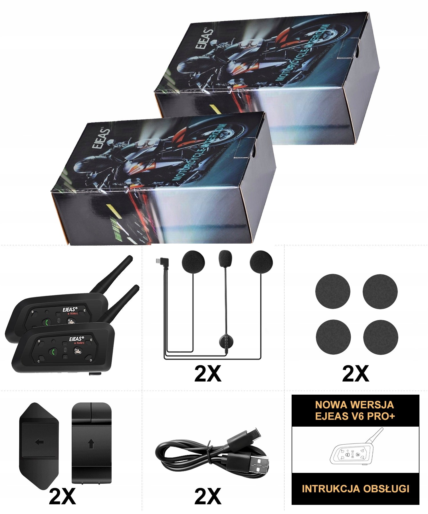 2X INTERCOM MOTORCYCLE INTERCOM EJEAS V6 PRO+ NEW VERSION 2024 IP67 1200M