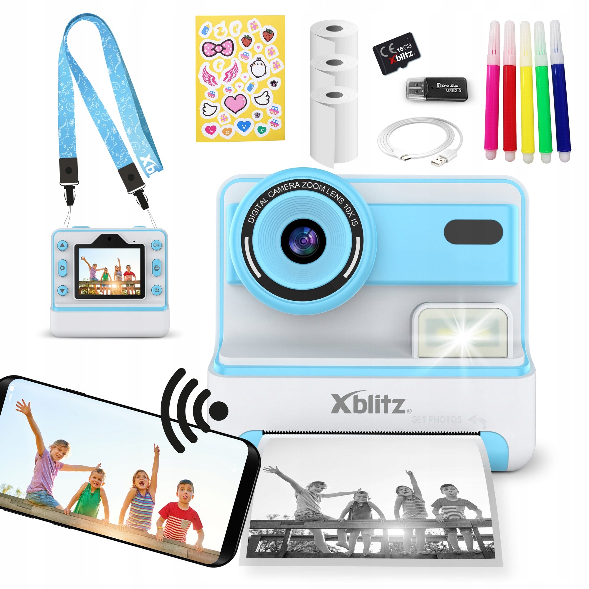 2X Instant Camera for Kids Xblitz Flash Blue with Thermal Printer
