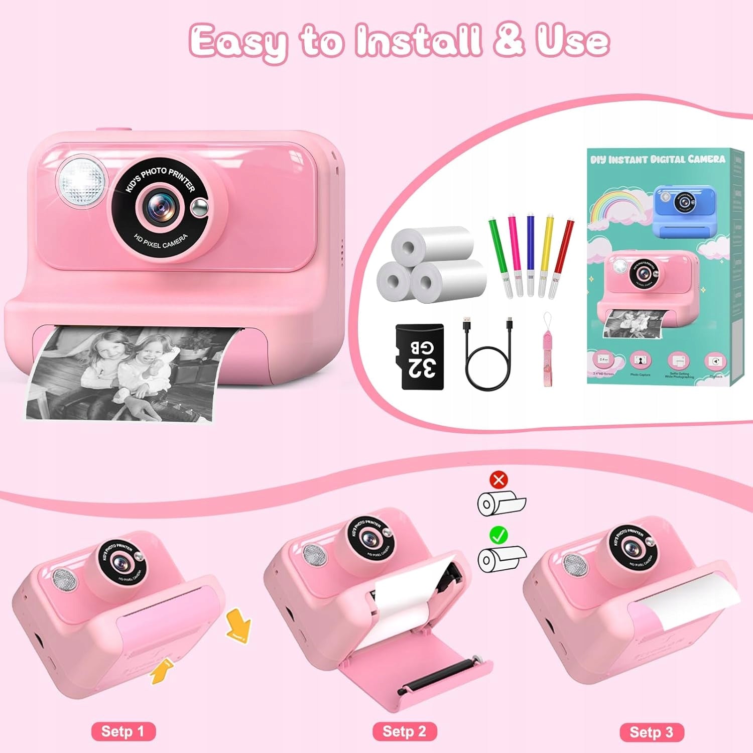 2X Instant Printing Camera Kids Photo Camera 32GB Purple