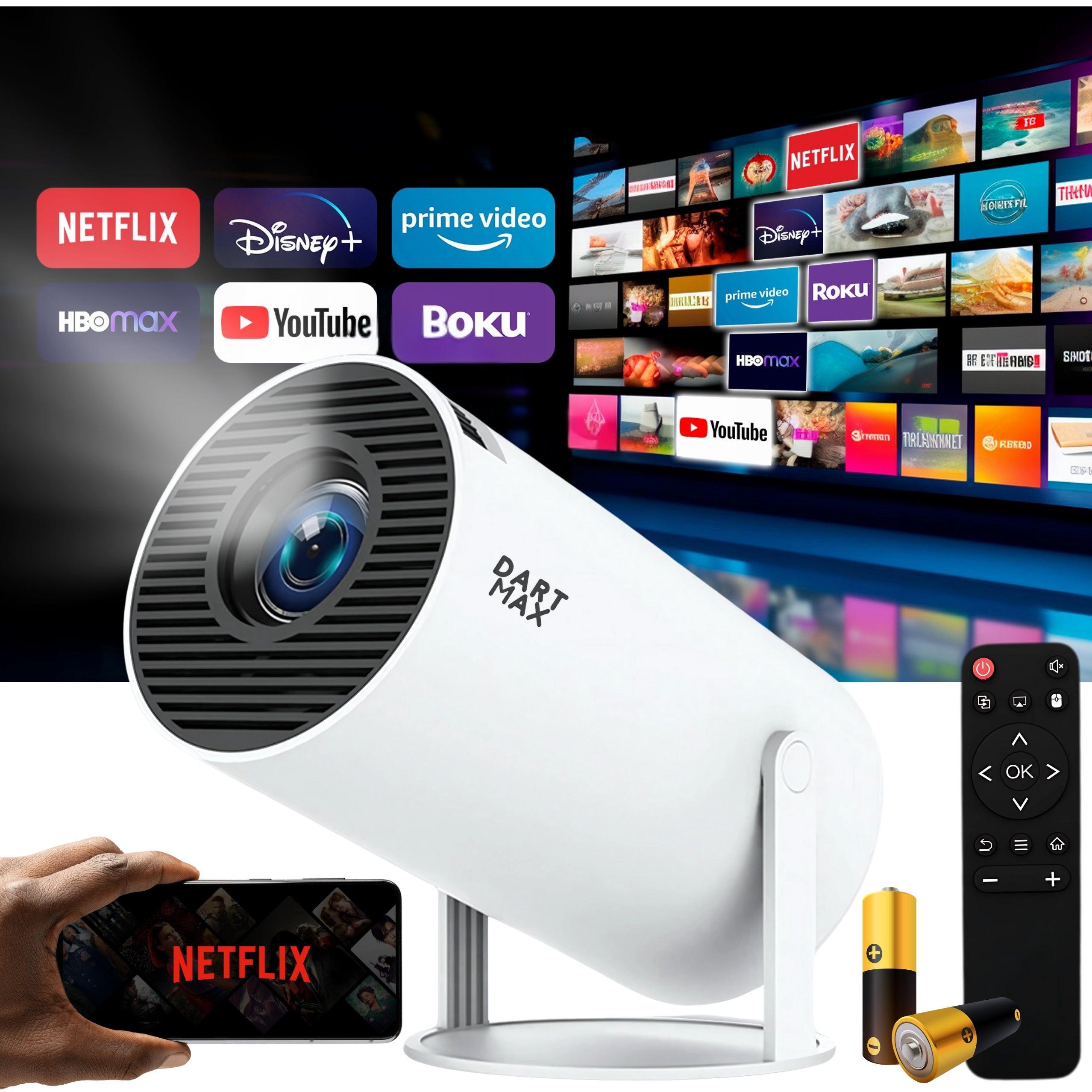 2X LED Projector PROJECTOR HOME ROTATING PROJECTOR ANDROID TV 2GEN white