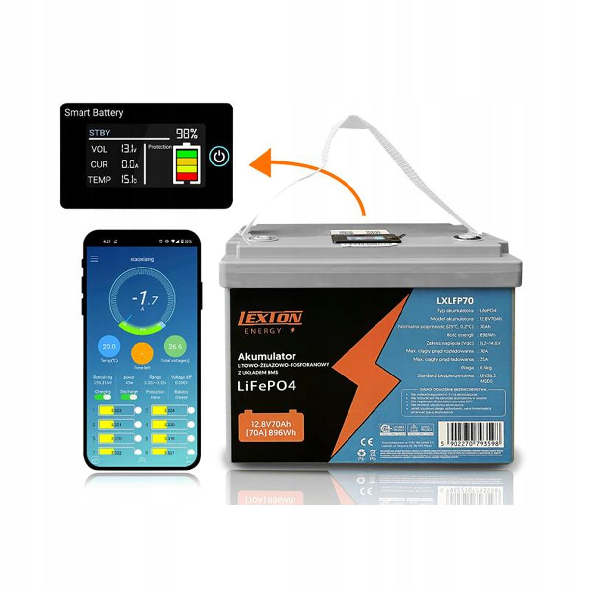 2X Lexton 12.8V 70Ah Battery with BMS LifePO4 + Rectifier Brand LTC