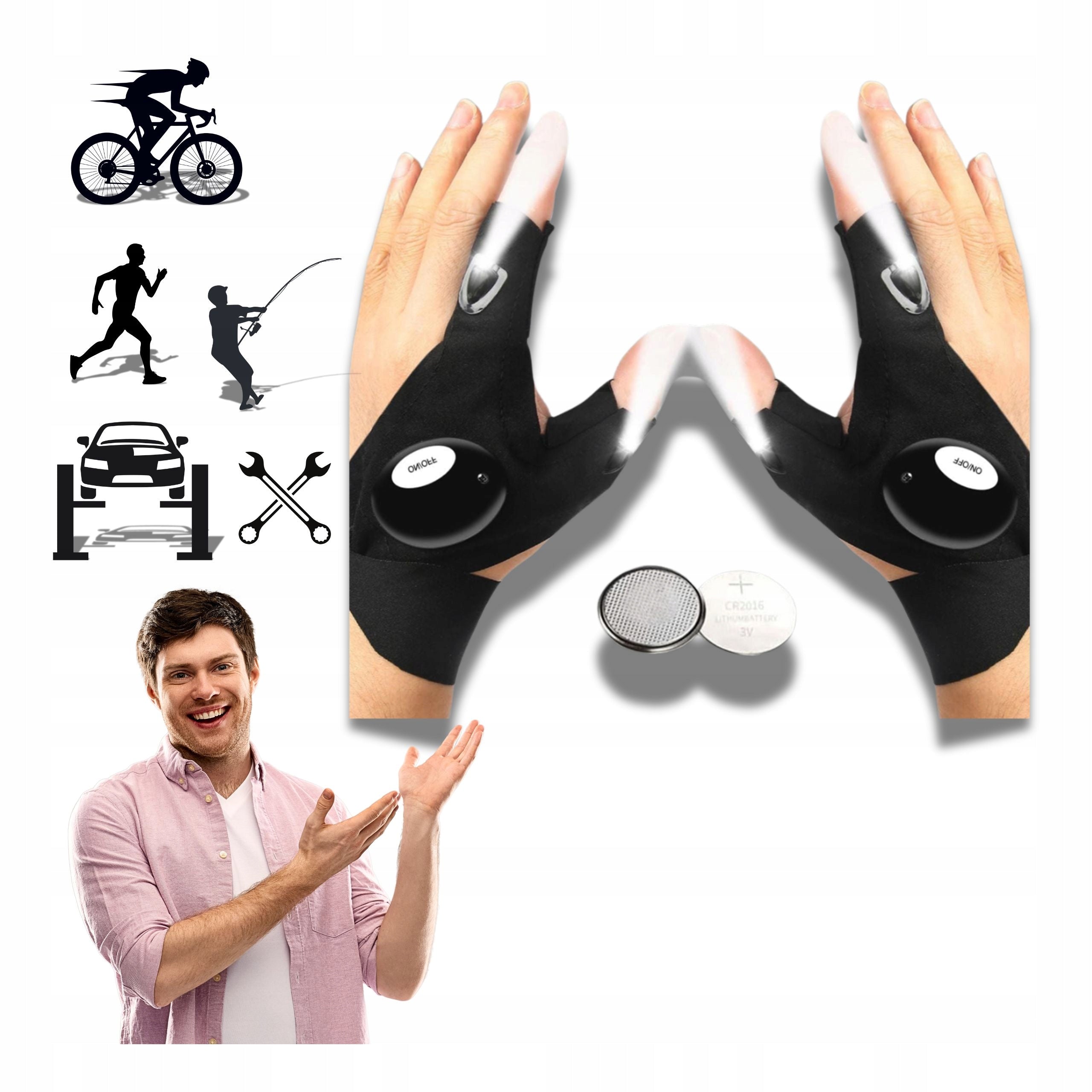 2X MECHANIC BIKE FISHING GLOVES WITH LED FLASHLIGHT BLACK GLOVES