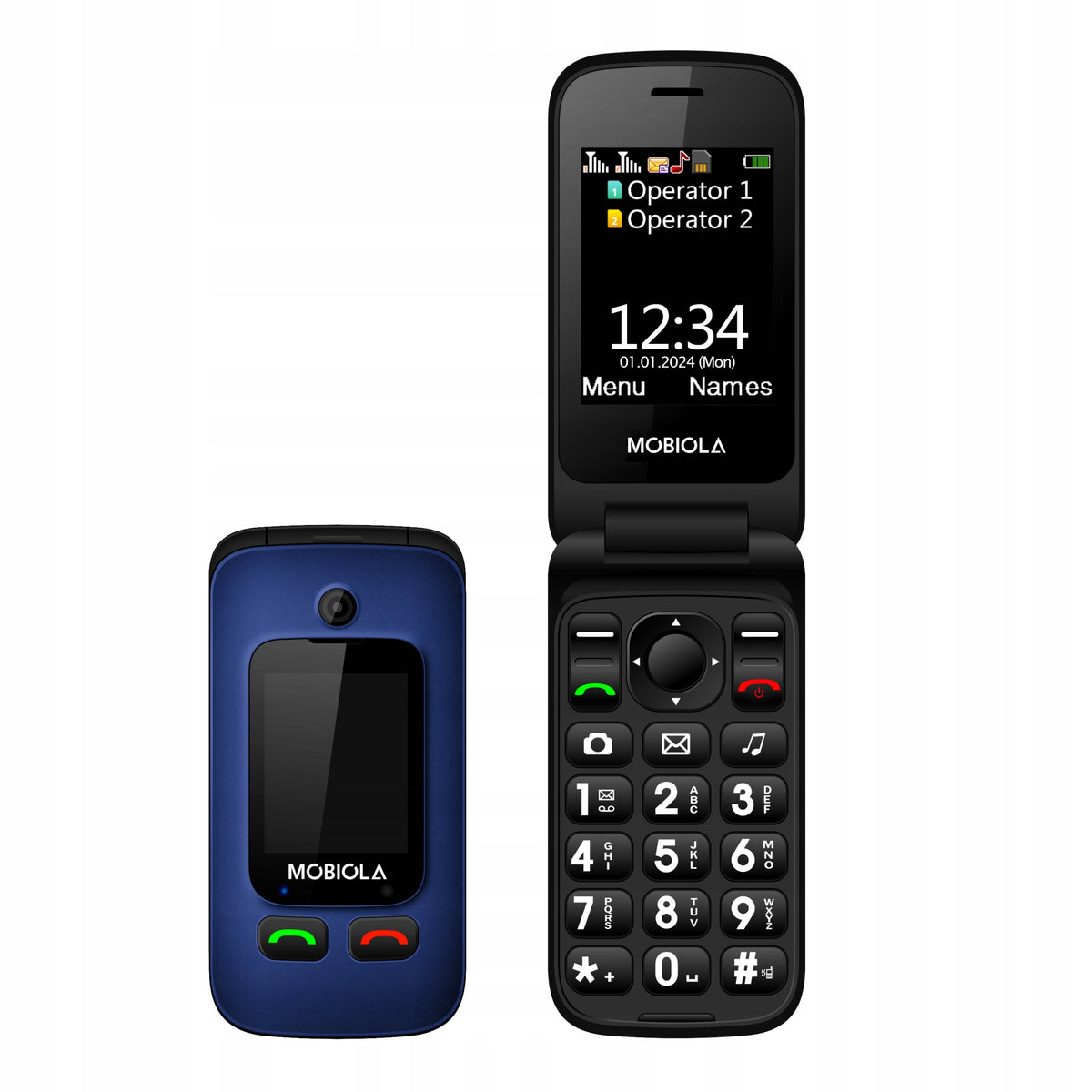 2X MOBIOLA MB610 BLUE MOBILE PHONE FOR SENIORS WITH FLAP AND BASE - SAUCE Built-in memory 32 MB