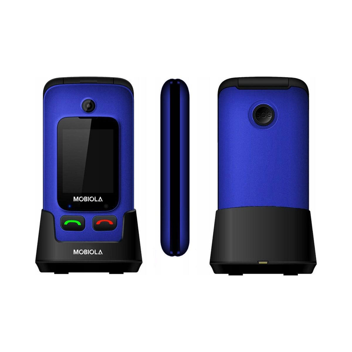 2X MOBIOLA MB610 BLUE MOBILE PHONE FOR SENIORS WITH FLAP AND BASE - SAUCE